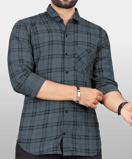 Men’s Grey Checked Slim Fit Shirt - Image 2