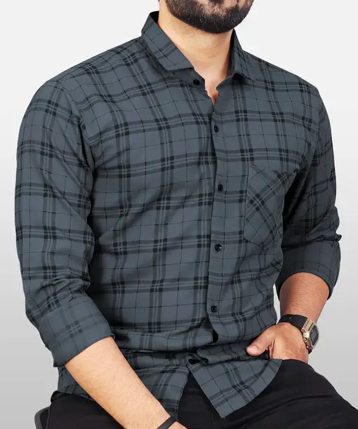 Men’s Grey Checked Slim Fit Shirt - Image 3