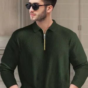 Men’s Polo Neck Full Sleeve T-Shirt – Self Textured, Green Casual Wear