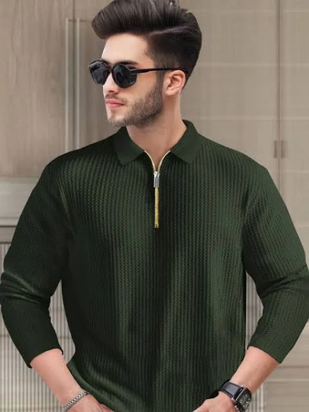 Men’s Polo Neck Full Sleeve T-Shirt – Self Textured, Green Casual Wear