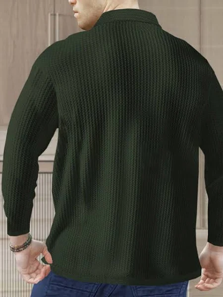 Men’s Polo Neck Full Sleeve T-Shirt – Self Textured, Green Casual Wear - Image 2