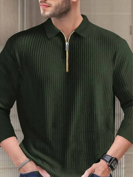 Men’s Polo Neck Full Sleeve T-Shirt – Self Textured, Green Casual Wear - Image 3