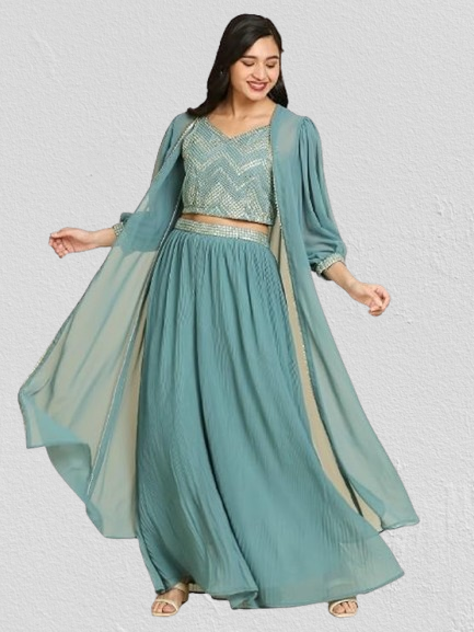 Haridash Premium Embroidered Georgette Lehenga Set – Choli & Long Shrug for Women